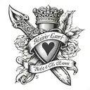 dagger and heart with 3 names banner and the words he who has a why to live for can bear any how  tattoo design idea