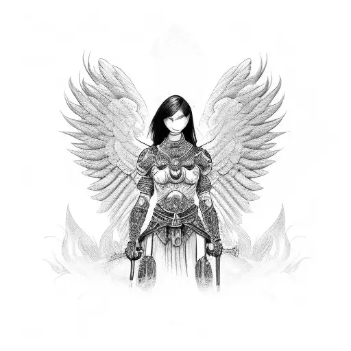 Angel with long sword atop a demon slain in fine line style tattoo idea |  TattoosAI