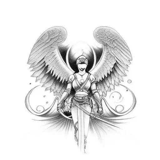 Premium PSD | A statue of a female angel warrior with a sword realistic  tattoo design