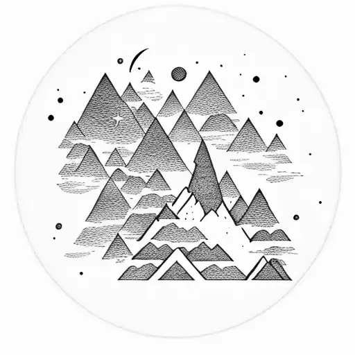 mountain with stars and a half crescent moon at night time weeping willow trees and a pond tattoo design idea