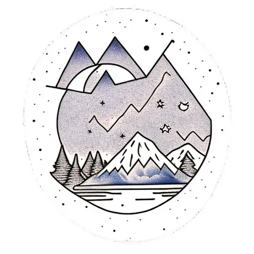 mountain with stars and a half crescent moon at night time weeping willow trees and a pond tattoo design idea