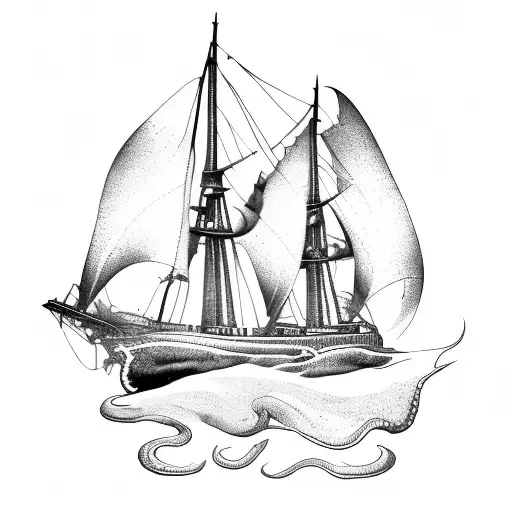A kraken sinking a brigantine sailing ship  tattoo design idea