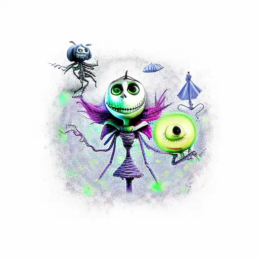 A surreal mashup of Nightmare Before Christmas, Beetle Juice, and Coraline characters in a colorful and vibrant composition tattoo design idea