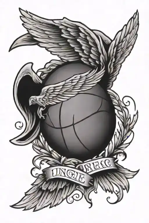 A memorial tattoo with angel wings and a basketball, incorporating your uncle's name and death date tattoo design idea