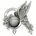 A memorial tattoo with angel wings and a basketball, incorporating your uncle's name and death date tattoo design idea