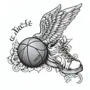 A memorial tattoo with angel wings and a basketball, incorporating your uncle's name and death date tattoo design idea