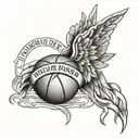 A memorial tattoo with angel wings and a basketball, incorporating your uncle's name and death date tattoo design idea