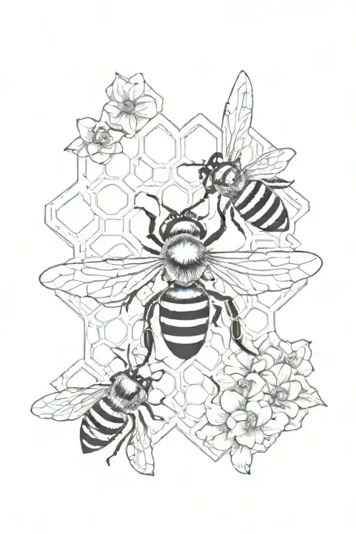 flowers bees honeycomb tattoo design idea