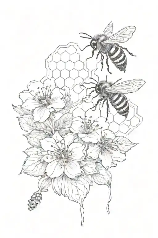 2 bees 3 flowers on the right side and honeycomb background leading tattoo design idea