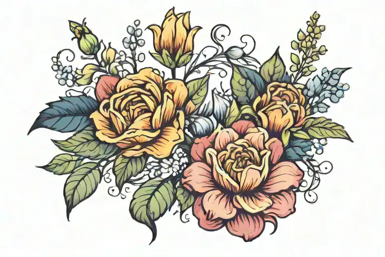 February, May, September, October birth flower intertwined tattoo design idea