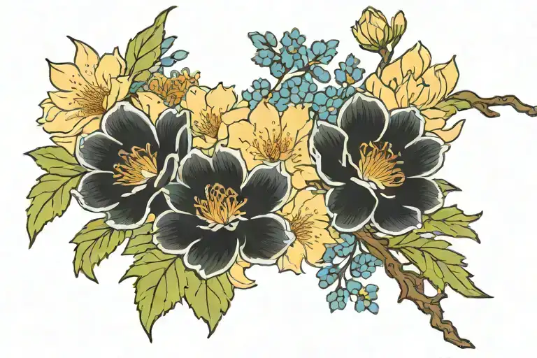 February, May, September, October birth flower intertwined tattoo design idea
