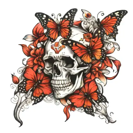 hand tatto skelliton with butterflies and red  tattoo design idea