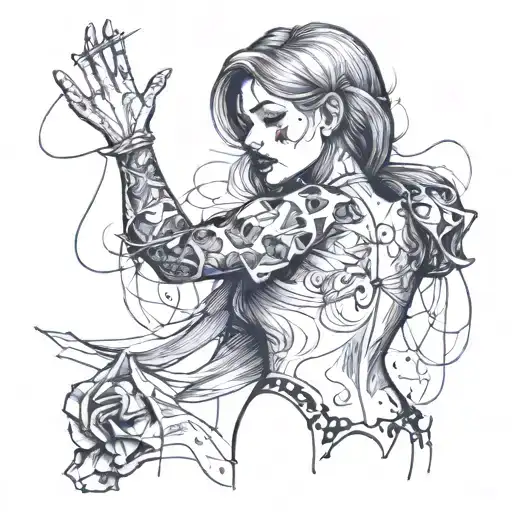 a woman only from The torso and up and above is some scribbles with a hand attached to the the scribble like a puppet tattoo design idea