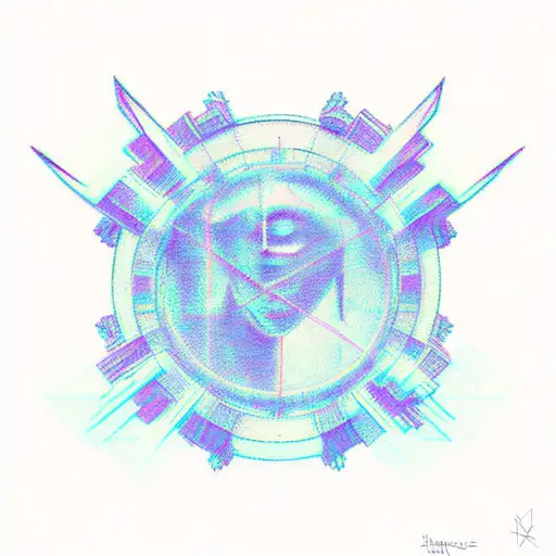 A tattoo, glitchy, vaporwave, some neon purple lights and blue rays,  hermes statue, cry for help, sadness, weird, easy  tattoo design idea