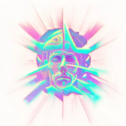 A tattoo, glitchy, vaporwave, some neon purple lights and blue rays,  hermis statue, cry for help, sadness, weird, easy  tattoo design idea