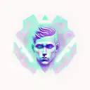 A tattoo, glitchy, vaporwave, some neon purple lights and blue rays,  hermes statue, cry for help, sadness, weird, easy  tattoo design idea
