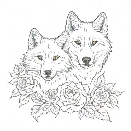 one wolf with roses and one cat  tattoo design idea