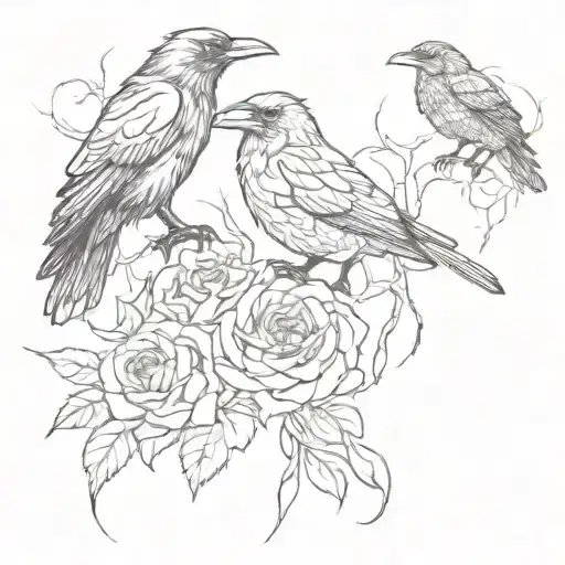 two ravens, one wolf with roses and one cat  tattoo design idea