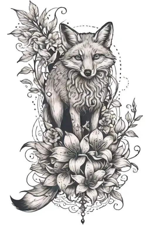 tattoo on the whole leg.  There is a fox on top, she is running, then there are lilies and sprouts, a pine tree or other tattoo design idea