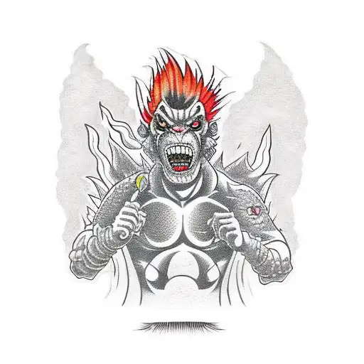 A punk rock-inspired oni monster with a fiery mohawk tattoo design idea