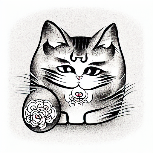 samuri cat behind Japanese daruma doll  tattoo design idea