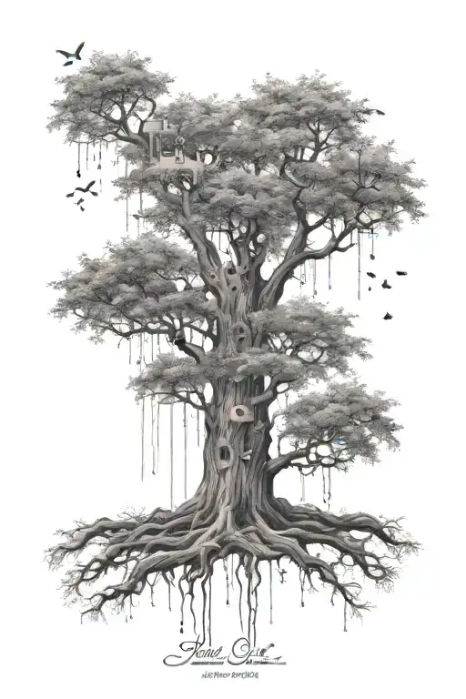Family tree with each branch representing a different member a water can in the sky with droplets failing onto the tree tattoo design idea