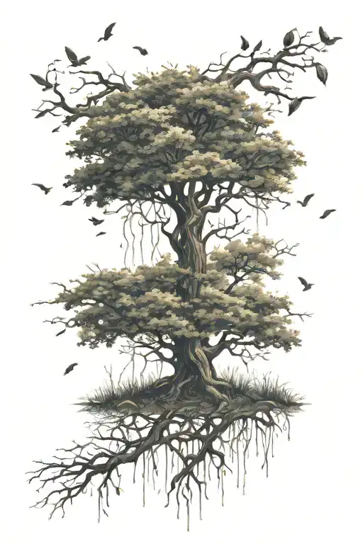 Family Tree with many branches reaching towards the sky. Raindrops falling on the tree. with a garden around it  tattoo design idea