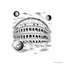 Roman Colosseum with celestial bodies as spectators tattoo design idea