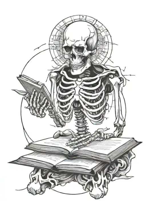 A skeleton holds a book in one hand, the moon is in the background tattoo design idea