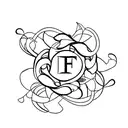 Floral arrangement with intertwined letter F tattoo design idea