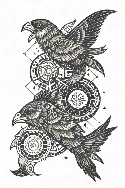 Romans with wings, zodiac sign fish, comets, geometric shapes birds tattoo design idea