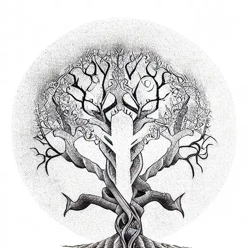 3 limbed Tree of Life showing LM+LD carved into the tree trunk tattoo design idea