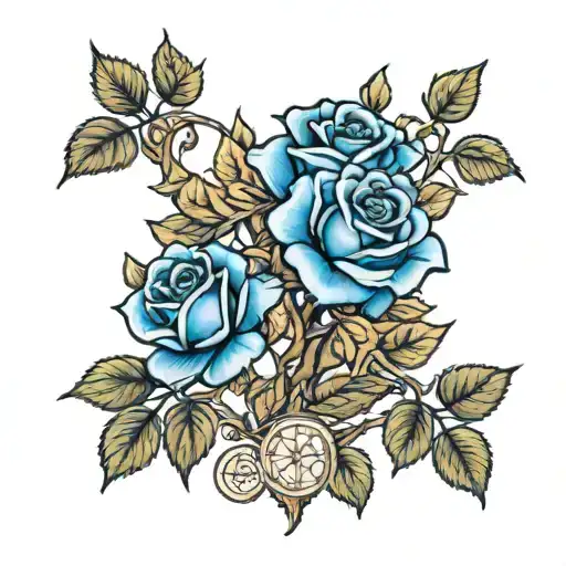 blue roses with tree of life background symbolizing loss of a loved one.  tattoo design idea