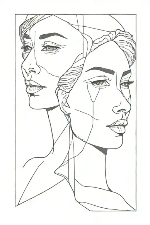 linear two women face tattoo design idea