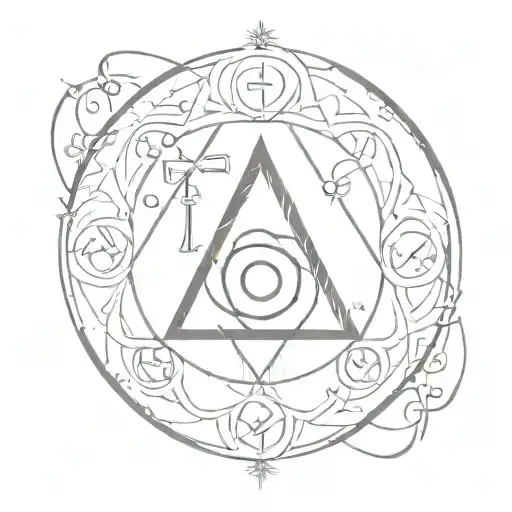 A tattoo design combining religious symbols with elements from the Da Vinci Code, representing a secret society tattoo design idea