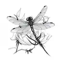 Dragonfly landing white rose tattoo design idea