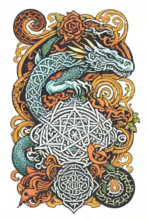 aquarius and dragon traditional celtic tattoo with trippy mushroom geometrics tattoo design idea