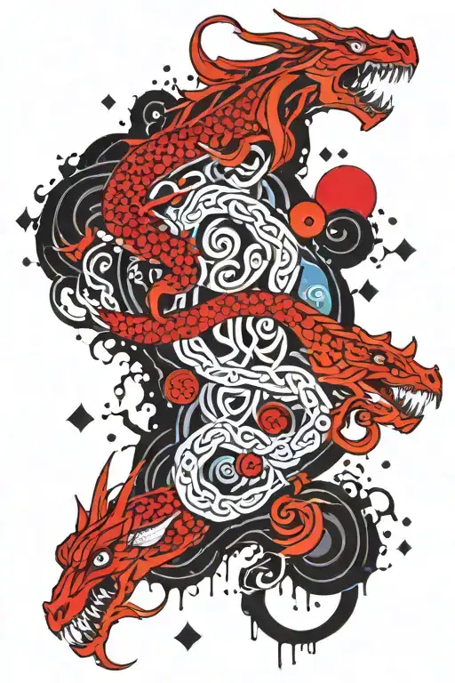 aquarius and dragon traditional celtic tattoo with trippy mushroom geometrics tattoo design idea