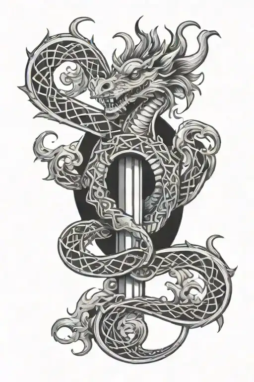 aquarius and dragon traditional celtic tattoo with trippy mushroom geometrics tattoo design idea