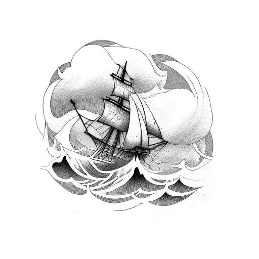 Storm Rider: A tattoo of a ship sailing through stormy waves, representing resilience and overcoming challenges." tattoo design idea