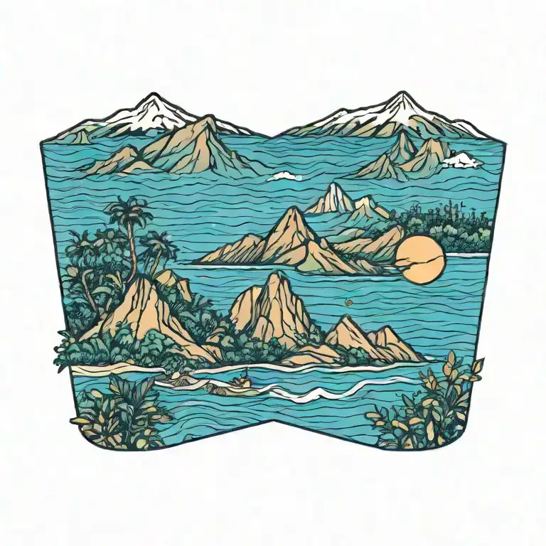 mountain and tropical beach tattoo design idea