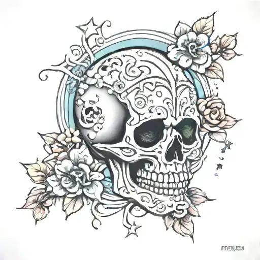 A sweet and emo inspired tattoo design featuring a skull surrounded by cherry blossoms and sugar skulls, with a background of ocean waves and stars tattoo design idea