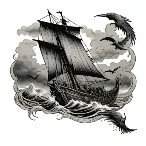 A Viking longship sailing through stormy seas, with a flock of ravens flying overhead tattoo design idea