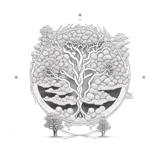 A blackwork tattoo of Yggdrasil, the World Tree, with the nine realms branching out tattoo design idea