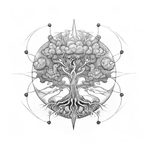A blackwork tattoo of Yggdrasil, the World Tree, with the nine realms branching out tattoo design idea
