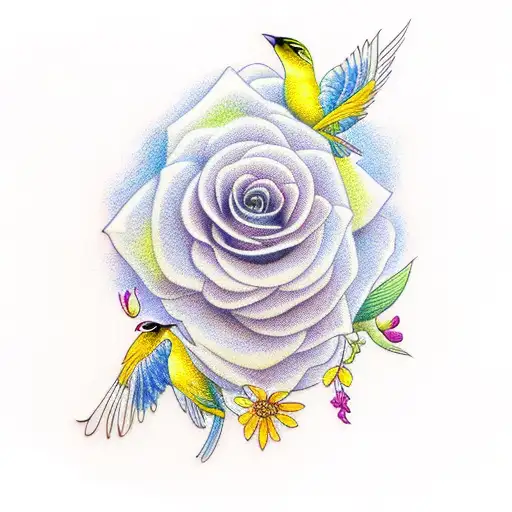 Birds and flowers in color tattoo design idea