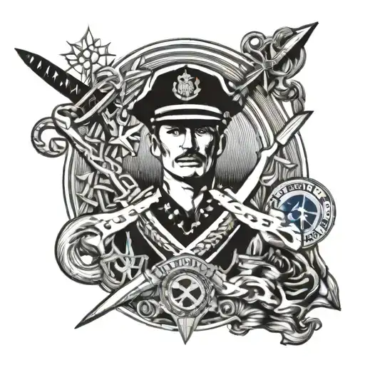 A combination of nautical elements including a Coast Guard Officer sword, nautical star, and waves in a blackwork style tattoo design idea