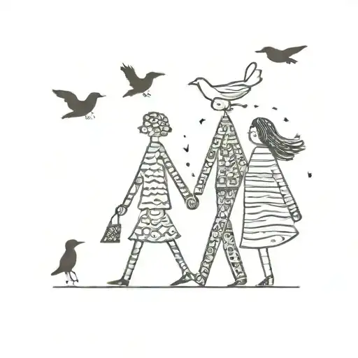 2 humans stick figure looking walking, mom and a dad, then 2 birds flying in the sky representing me and my sister  tattoo design idea