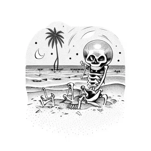 A dotwork tattoo design of a skeleton enjoying a beach bonfire with friends, with palm trees and starry night sky tattoo design idea