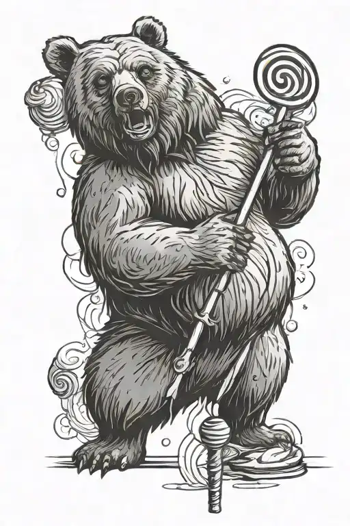 A bear standing tall, carrying a staff whilst eating a lollipop  tattoo design idea